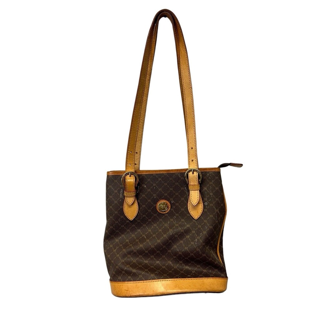Vintage Rioni Brown Canvas Logo Print Tote Shoulder Bucket Bag Handbag Italy